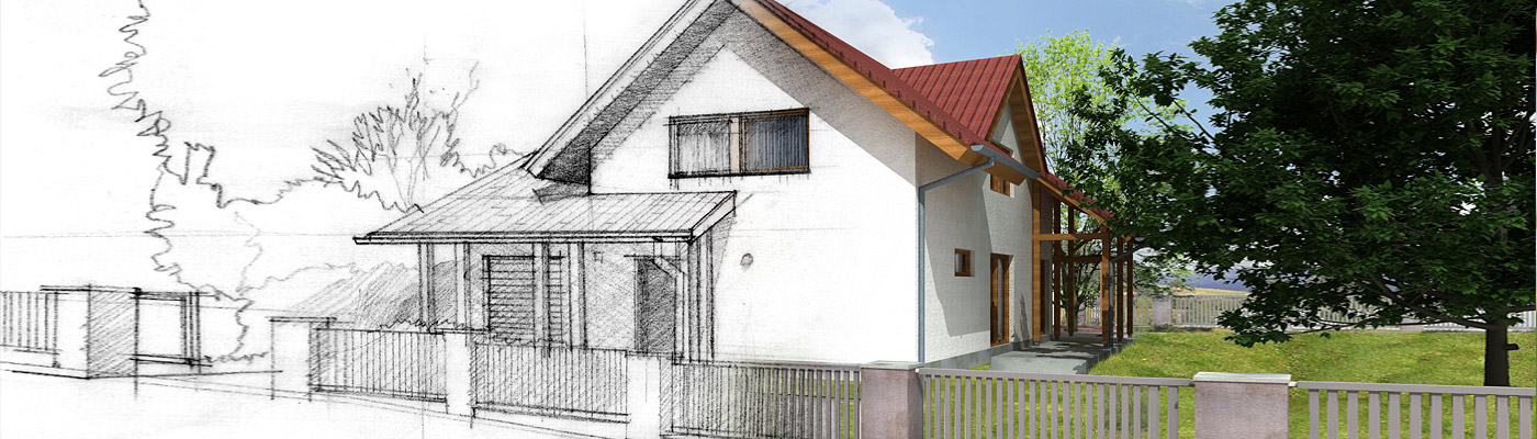 Eine Skizze und ein gerendertes Bild eines Hauses, die nebeneinander dargestellt sind.